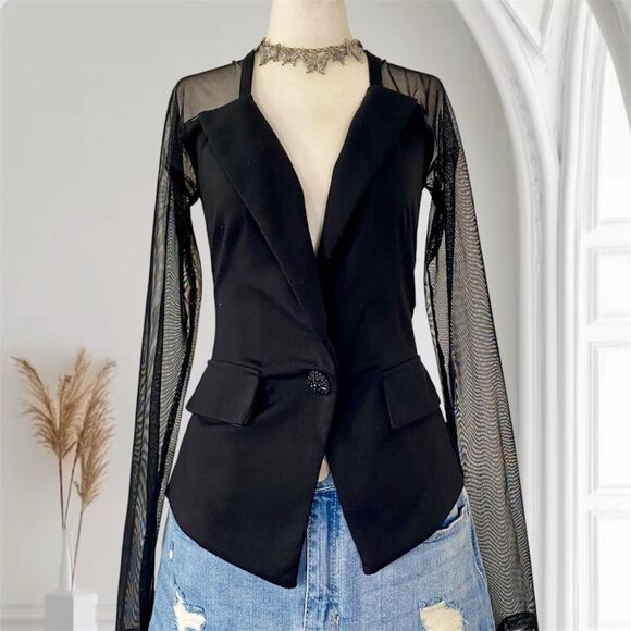 Wet Seal Vintage Office Siren Black Semi Sheer Mesh Rhinestone Button Blazer S - Picture 1 of 7